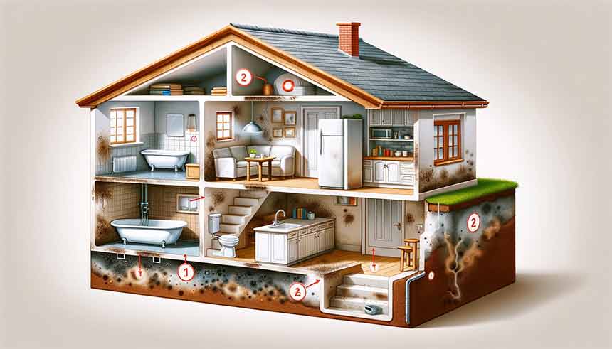 Tværsnit af et hjem der viser typiske steder for skimmelangreb, inklusiv badeværelset, kælderen og under køkkenvasken